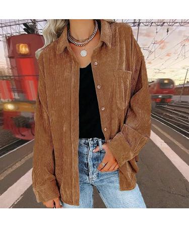 Women's Corduroy Button Down Pocket Shirts | Long Sleeve Oversized Blouses | Fall Outdoor Boyfriend Tops - Large Camel - Buy Online on GoSupps.com