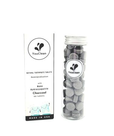 90 Toothpaste Tablets in Refill/Recycle Glass Tube - for Travel and Daily Home Office Use - Nano Hydroxyapatite Fluoride-Free Vegan (Charcoal Mint)