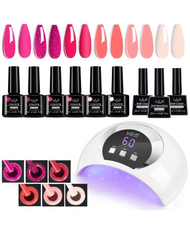 Gel Polish Kit with UV Light 72W Led Nail Lamp Glitter Red Pink Soak Off Gel Nail Polish Starter Kit Glossy Matte Top and Base Coat Manicure Kit Nail Art Decorations (Beige) (Red)