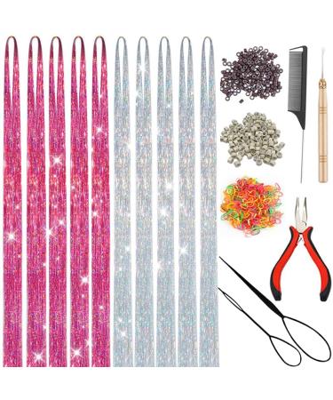 Pink Silver Hair Tinsel Kit: Glitter Tinsel Hair Extensions with Tools - Fairy Heat Resistant Hair Tinsel Accessories for Women Girls Kids (48 Inch  3000 Sparkling strands) 48 Inch 2Colors