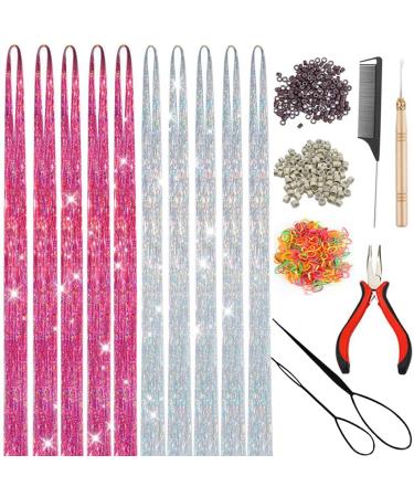 Pink Silver Hair Tinsel Kit: Glitter Tinsel Hair Extensions with Tools - Fairy Heat Resistant Hair Tinsel Accessories for Women Girls Kids (48 Inch  3000 Sparkling strands) 48 Inch 2Colors - Buy Online on GoSupps.com