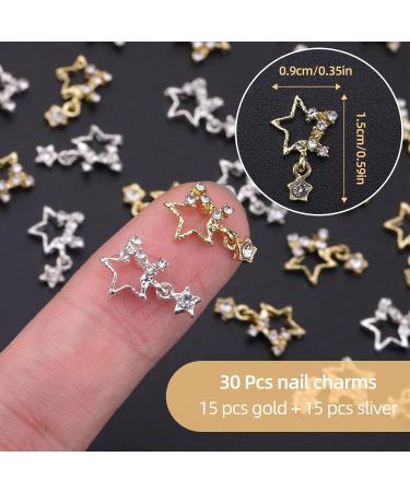Lusofie 30Pcs 3D Star Rhinestone Nail Charms - Silver & Gold Alloy Star Gems for Nail Designs - DIY Nail Accessories - Buy Online on GoSupps.com