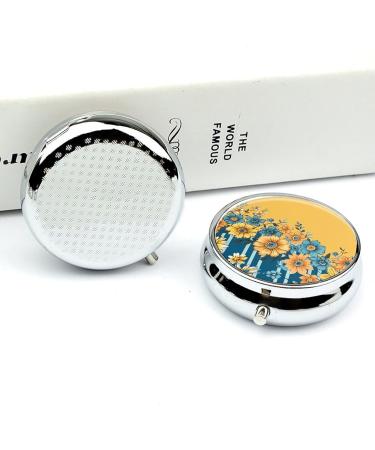 Buy Round Yellow & Blue Floral Print Pill Box - 3 Compartment Portable Medicine Organizer | Decorative Metal Pill Case - Buy Online on GoSupps.com