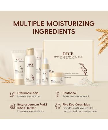 Moisturizing Korean Rice Skin Care Set Radiance Skincare 5-Step Routine with Rice Cleanser Toner Serum Face Cream Eye Cream Hyaluronic Acid & Ceramides for Glowing Skin All Skin Types - Buy Online on GoSupps.com