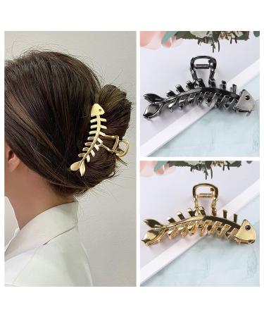 2 Pcs Large Fish Bone Hair Clips - Non-slip Metal Hair Claw Clips in Black and Gold for Thick or Thin Hair - Geometric French Hair Grip Accessories for Women - Buy Online on GoSupps.com