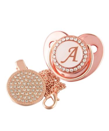 26 Letters Infant Pacifier Pink Baby Soothing Pacifier Bling Luxury Dummy Pacifier with Chain Clips for 0-18M A 0-18M