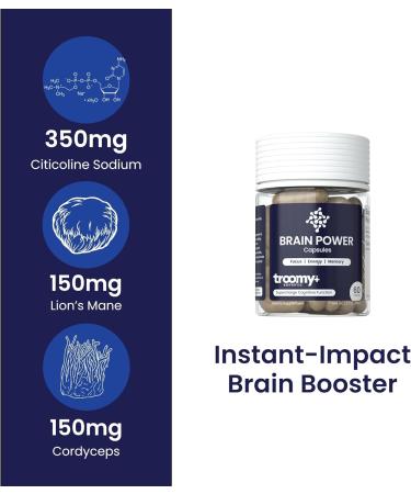 Troomy Brain Power Supplement - Enhance Focus & Memory with Citicoline Lion's Mane & Cordyceps | 60 Capsules for Optimal Brain Function - Buy Online on GoSupps.com