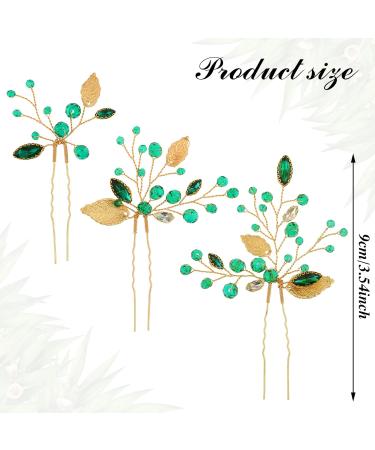 Lusofie 3Pcs Emerald Green Rhinestone Bridal Hair Pins | Gold Flower Leaves Wedding Hair Piece for Women Girls - Buy Online on GoSupps.com