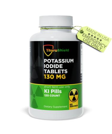 ThyroShield Potassium Iodide Tablets - 130mg Dose | Emergency Survival Supplement | Thyroid Support | USA Made | KI Pills (120 Count (Pack of 1)) 120 Count (Pack of 1) 120.0