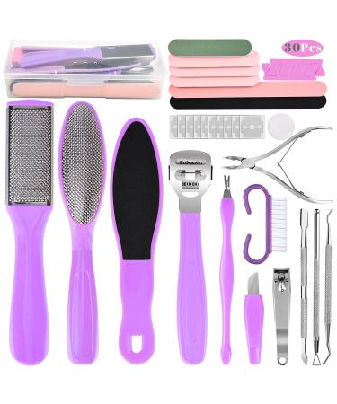 Foot File Pedicure Set 30 in 1 Foot Files Foot Care Scrubber Kit Hard Skin Remover Feet Scrub for Women Men Salon or Home(Purple)