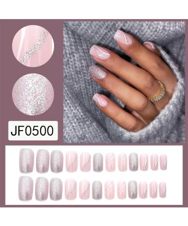 24pcs Short French False Nails - Almond Square Press On Nails with Glue - Silver Pink White Lines Design - For Women and Girls Nail Art - Buy Online on GoSupps.com