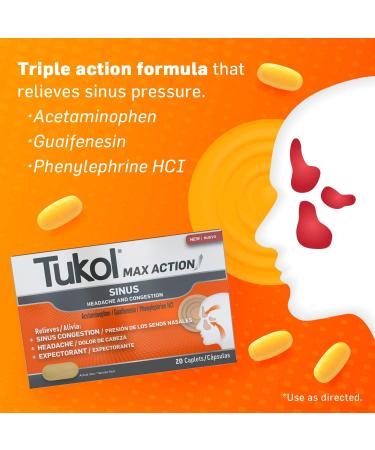 TUKOL Max Action Sinus Congestion & Pressure Caplets - 20 Count | Non-Drowsy Pain Headache Relief & Expectorant - Buy Online on GoSupps.com