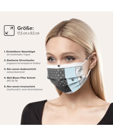 100pcs Disposable Face Masks Made in Germany | CE Certified | Triple Layer Filtration 99.78% | Elastic Earloops | White Dots Design | Adults Size 17.5cm x 9.5cm - Buy Online on GoSupps.com