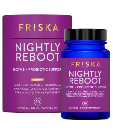 FRISKA Nightly Reboot Enzyme and Probiotics Supplement Promotes Better Digestion and Sleep Supports Gut Health for Men and Women Melatonin Chamomile 30 Capsules Nightly Reboot 30 Count (Pack of 1)