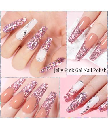 Glitter Gel Nail Polish - Jelly Nude Gel Nail Polish Long Lasting Uv Nail Polish - Breathable Pink Nail Varnish - Clear Nail Polish Easy to Apply - DIY Home Salon Nail Art Women Girls(Glitter pink) - Buy Online on GoSupps.com