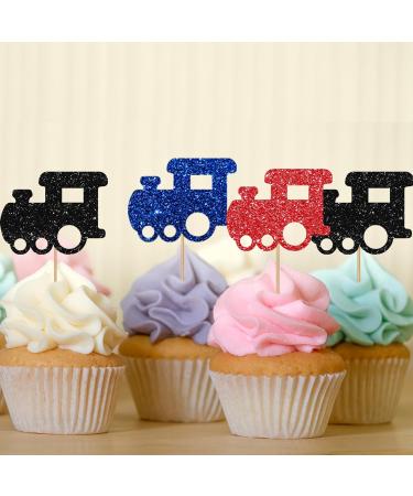 Train Cupcake Toppers Railroad Party Cake Decor Red&Blue Glitter Cake Decorations for Boy's Birthday 1st Birthday/Steam Train Theme Party Supplies - 24pcs - Buy Online on GoSupps.com