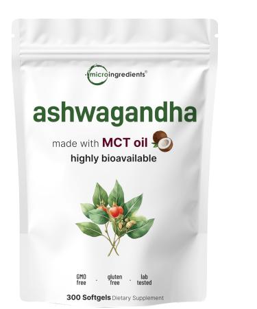 Micro Ingredients Ashwagandha Supplements | 300 Coconut MCT Oil Softgels with Black Pepper for Better Absorption | Potent Root Extract | Non-GMO
