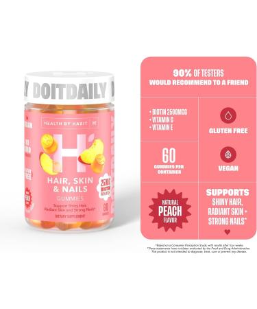 Health By Habit Hair Skin Nails Gummies - 60 ct, 2500mcg Biotin, Vitamin C & E, Strong Nails, Peach Flavor, Vegan, Gluten Free, Non-GMO - Buy Online on GoSupps.com
