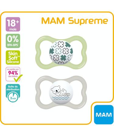 MAM Supreme Silicone Pacifier Set for 18+ Months | Includes Pacifier Box | Tooth Misalignment Prevention | Various Models & Colors Available - Buy Online on GoSupps.com