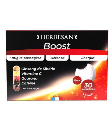 HERBESAN® - BOOST COMPLEX - 3 ACTIVES including caffeine - Boost effect - Red fruit taste - Made in France - 30 chewable tablets
