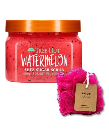 Tree Hut Watermelon Shea Sugar Scrub Bundle with Mesh Bath and Shower Sponge for a Exfoliating Body Scrubber Spa-Like Experience at Home.