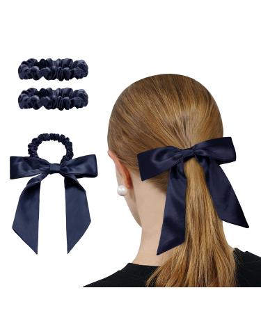 Olesilk 3-Set 100% silk hair tie Small scrunchy hair jewelry braiding rubber hair rings elastic hair bands rubber bands with bow navy blue 1x loop + 2xklein navy blau
