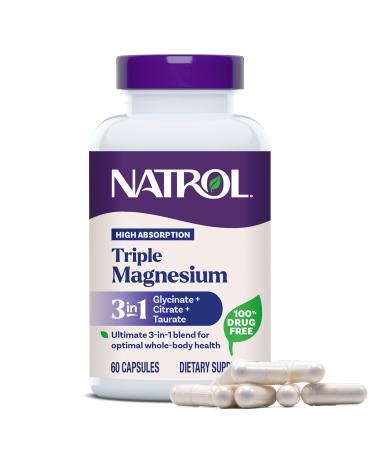 Natrol Triple Magnesium Complex Supplement Glycinate Citrate & Taurate 200mg High Absorption Support Whole Body Wellness 60 Capsules