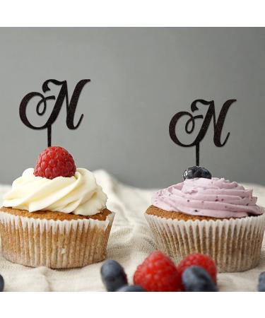 Initial N Cupcake Toppers Wedding Letter Monogram Name Glitter Black For Wedding Engagement Decorations Rustic Reusable Laurel Wreath Personalized 26Letters Birthday Gifts 6PCS Style-14