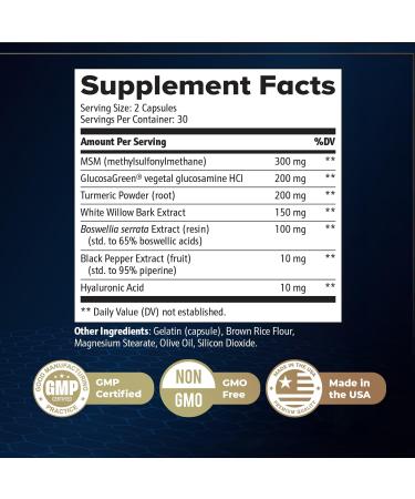 SynoVitta Natural Joint Support Supplement with MSM Glucosamine Turmeric & Boswellia Non-GMO Easy-to-Take 60 Capsules Made in The USA 1 Month Supply 60 Count (Pack of 1) - Buy Online on GoSupps.com