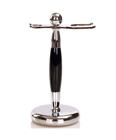Deluxe Stainless Steel Shaving Brush Stand Holder for Razor & Brush - Extra Wide Openings, Weighted Base Black Handle 31mm Brush Opening
