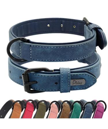 Didog dog collar made of soft padded leather breathable hard-wearing leather dog collar with adjustable rust-free metal buckle for medium-sized and large dogs blue M: 27-33 cm blue