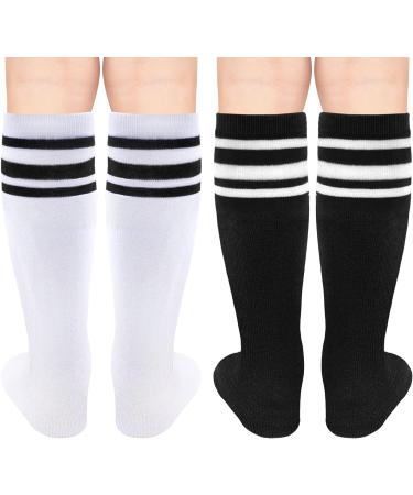 Kids Soccer Socks - 2 Pack Toddler Knee-High Tube Socks for Boys and Girls (3-6 Years) - Black/White, White/Black Striped - Buy Online on GoSupps.com