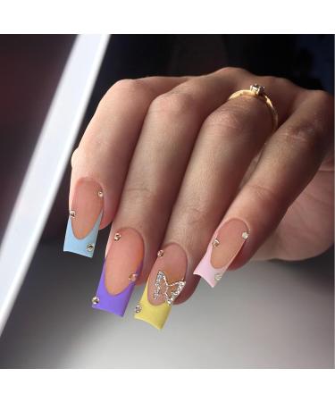 Kotkiddy 24pcs Long Press-On Nails - Black French Tips with Butterfly Rhinestones - Full Cover Coffin Nail Art - Glossy Stick-On Fake Nails (Multicolored) - International Shipping Available - Buy Online on GoSupps.com