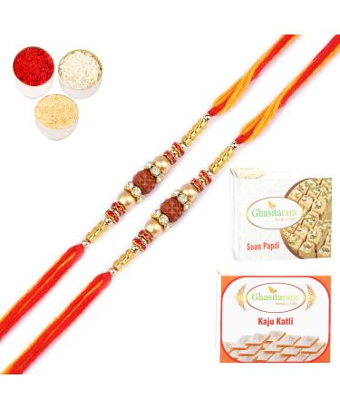 Ghasitaram Gifts Rakhi for Brother Rakhis Online - Set of 2 -Nbh-252- Rudraksh Rakhi with 200 GMS of Kaju katli and 200 GMS of Soan Papdi
