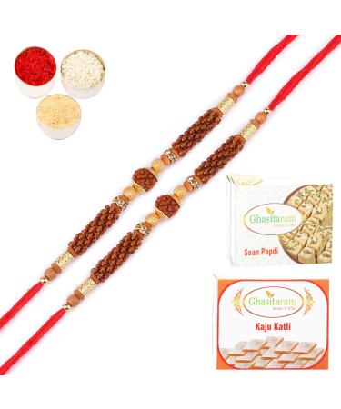 Ghasitaram Gifts Rakhi for Brother Rakhis Online - Set of 2- LD-7518 Rudraksh Rakhi with 200 GMS of Kaju katli and 200 GMS of Soan Papdi