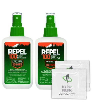 Repel 100 Insect Repellent, Pump Spray, 4-Ounce (2 Pack W/ 2 HAO Wipes)