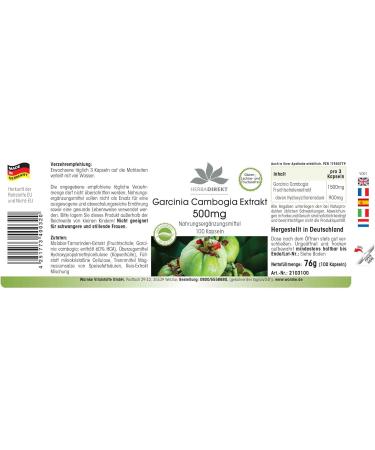 Garcinia Cambogia Extract 500mg - 100 Vegan Capsules | 60% HCA | High Dose | Herbadirekt by Warnke Vital - German Pharmacy Quality - Buy Online on GoSupps.com