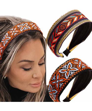 Coridy Wide Headbands Stretch Boho Hairbands Embroidery Printed African Hair Hoops Stylish Head Bands for Women Pack of 2 (Boho)