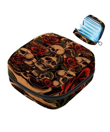 Menstruation pad bag with zipper women's napkin bag tampons collection bags for women and girls (skull with rose vintage) Color 8