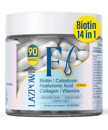 Lazpowfi Hair Skin and Nails Vitamins Biotin with Bovine Colostrum Collagen Hyaluronic Acid Bovine Lactoferrin & Vitamin A B6 C D E Supports Hair & Nails Growth for Men and Women(90 Capsule)