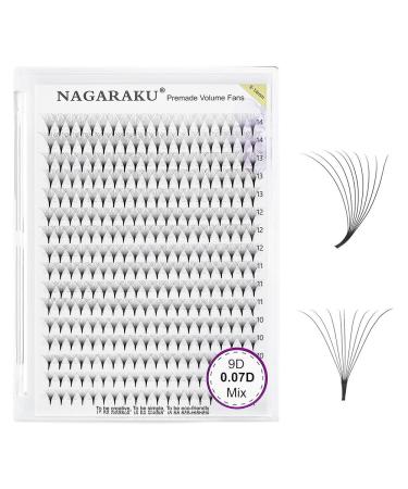 Nagaraku Volume eyelash extension prefabricated compartments 320pcs 9d 0.07mm thickness C curl 9-14mm narrow stem light dense premade fans eyelash extensions artificial eyelashes 16 rows 9-14mm mix 9d-07-c curl