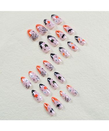 Shop Halloween Press On Nails - Short Almond French Tip with Ghost Bat & Pumpkin Designs | Full Cover Acrylic Nails for Women & Girls - Buy Online on GoSupps.com