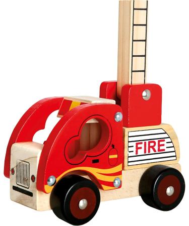 Bino Holzauto Feuerwehr - Wooden Fire Truck Toy for Kids 12 Months+ | Fold-Out Ladder PVC Tires Promotes Hand/Eye Coordination - 17x12x9 cm Red - Buy Online on GoSupps.com