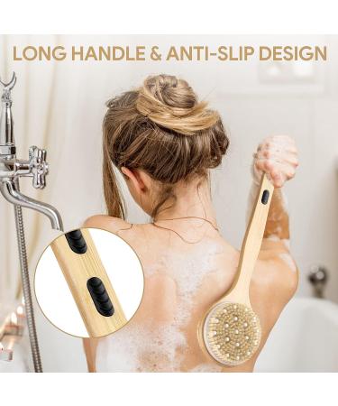 Dual-Sided Long Handle Shower Brush | Tukuos Back Scrubber with Soft and Stiff Bristles | Exfoliating Body Scrubber for Wet/Dry Bath - Buy Online on GoSupps.com