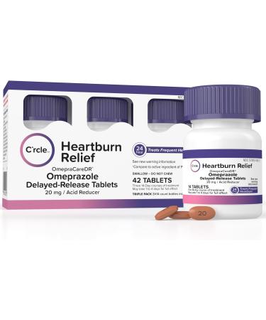 OmepraCareDR 42 Count Tablets Omeprazole 20mg Acid Reducer for Heartburn (14 Tablets/Bottle) One 3-Pack Carton for Three 14-Day Treatments, Delayed-Release Tablets