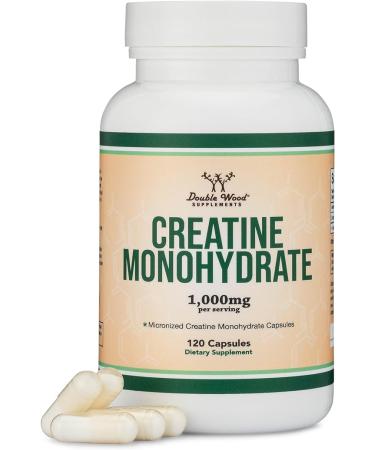 Creatine Pills 1,000mg Per Serving (120 Creatine Capsules) Micronized Creatine Monohydrate Powder with No Fillers, Vegan Safe, Manufactured in The USA (Non Stim Preworkout) by Double Wood