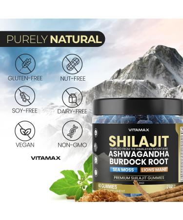 Organic Shilajit Gummies Sea Moss Ashwagandha 105+ Trace Minerals Organic Burdock Root & Lions Mane Mushroom - Blue Razz Vegan & Non-GMO Made in USA 60ct - Buy Online on GoSupps.com