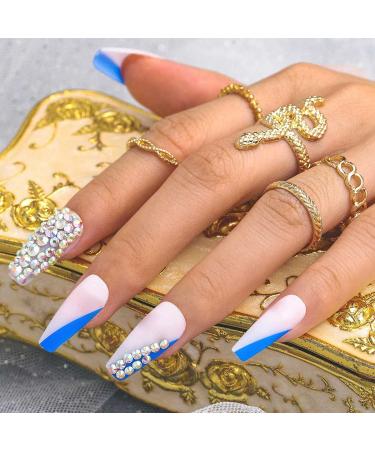 Sethexy long coffin false fingernails crystal false nails sparkle ballerina nails glossy nails with glue 24st acrylic art nail tips to press on for women and girls (g)