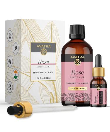 Avatra Rose Essential Oil 100ML (3.38 OZ) with Glass Dropper and Travel Bottle Pure and Natural Therapeutic Grade Lavender Oil for Diffuser Aromatherapy Massage and DIY Candle Products Rose 3.38 Fl Oz (Pack of 1)