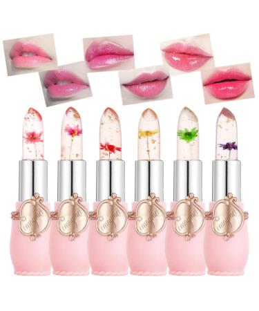 Crystal Flower Jelly Lipstick Layhou 6PCS Long Lasting Moisturizing Lip Balm Transparent Color Changing Lipstick Gift for Women Girls